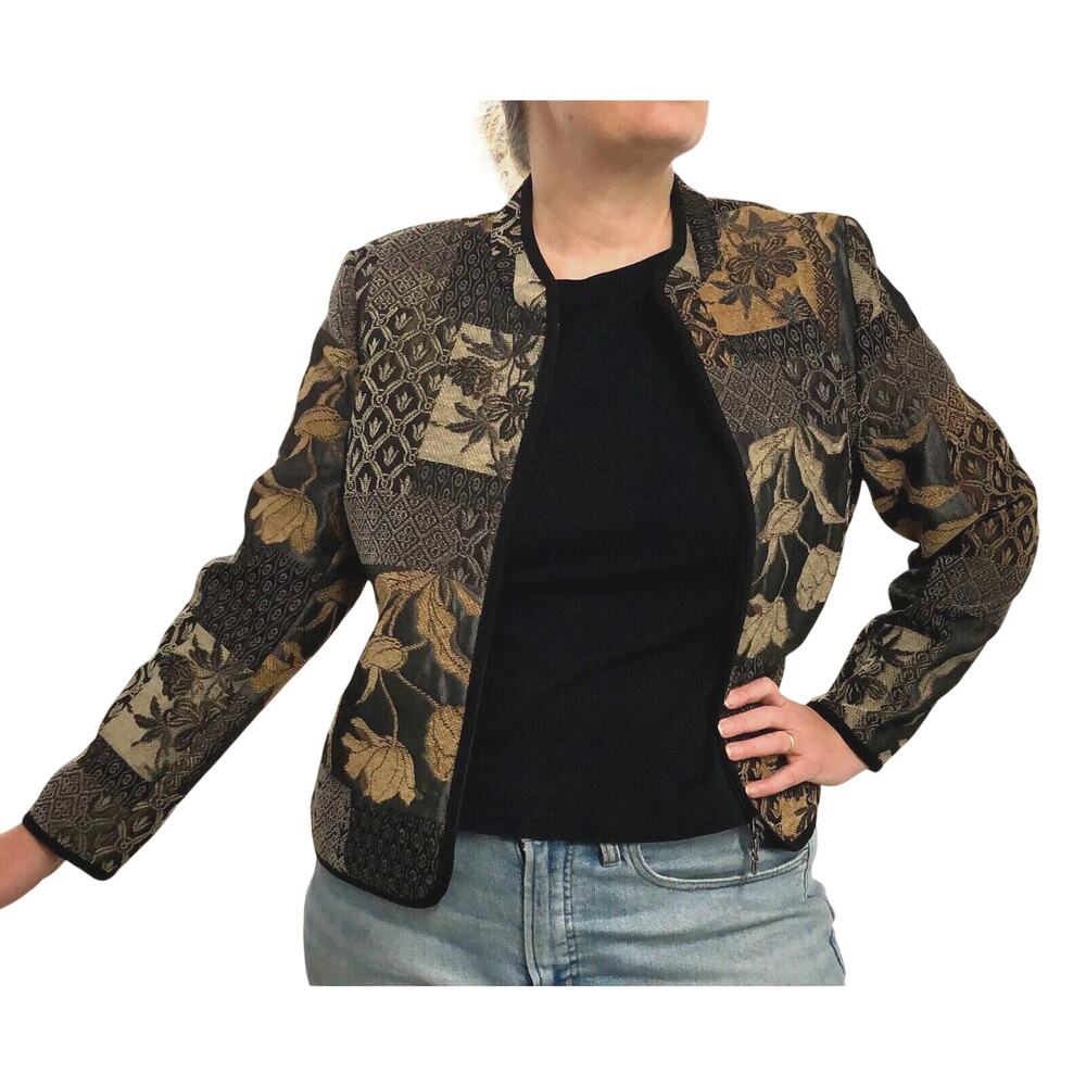 Black Tan Tapestry Jacket Full Zip Artsy Floral Molly Maxx P Large Patchwork